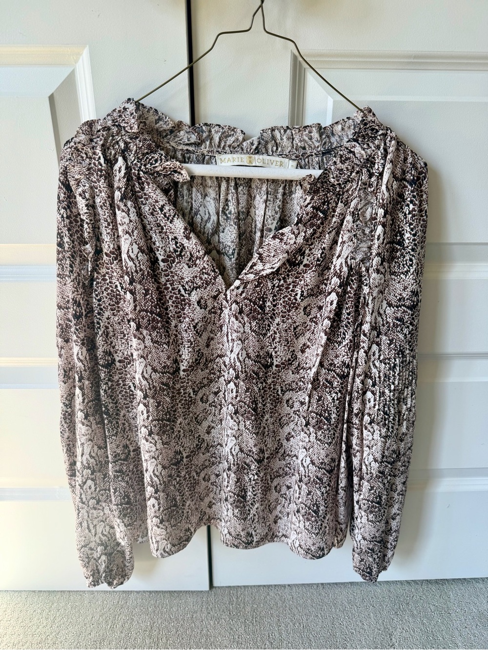Marie Oliver Taupe and Brown Snake-Print Long Sleeve Blouse